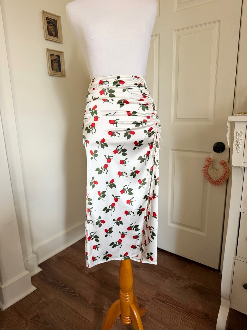 For Love and Lemons Pia Ruched Satin Rose Midi Skirt